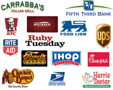 Client logos including KFC, Outback, Chick-fil-A, Rite Aid, Food Lion, Fifth Third Bank, UPS, USPS, Harris Teeter, IHOP, Cracker Barrel, Ruby Tuesday, Carrabba's Italian Grill